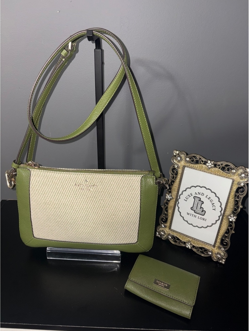 Kate Spade Green Leather Woven Twill Crossbody & Wallet Set